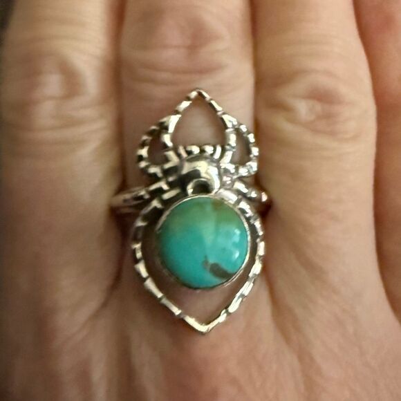 Round Turquoise Spider Boho Ring Sterling Silver Southwestern Sz 6 - Picture 4 of 7